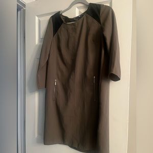Olive green dress with zipper and pleather shoulder patches